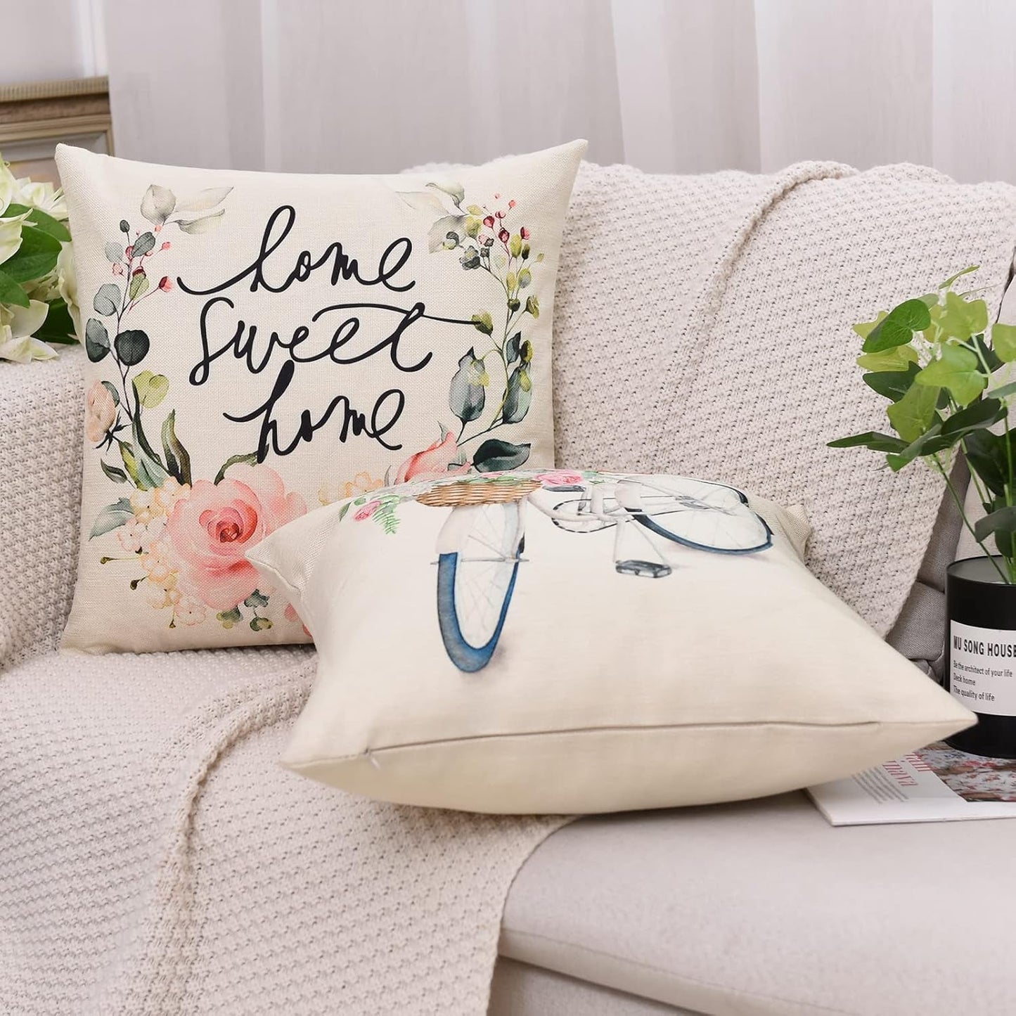 Set of 4 Decorative Spring Floret Throw Pillow Covers - Bicycle Car Flower Linen 18 X 18 Inches Pillow Cushion Case for Sofa Couch Bed Home Outdoor (18" X 18", Spring/Vintage)