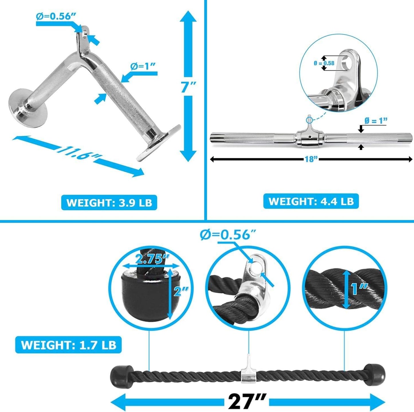 Combo Tricep Press down Cable Attachment - Cable Machine Accessories for Home Gym with Multi Option