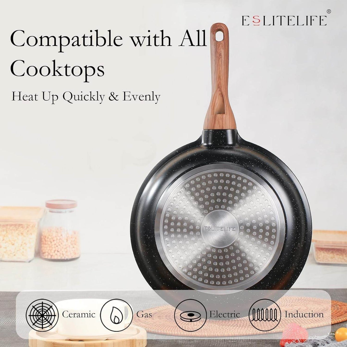 Nonstick Ceramic Frying Pan Skillet with Lid, Non-Toxic Egg Omelette Kitchen Cooking Pans Compatible with All Stovetops (Gas, Electric & Induction), PTFE & PFOA Free (Black, 8" W/Lid)
