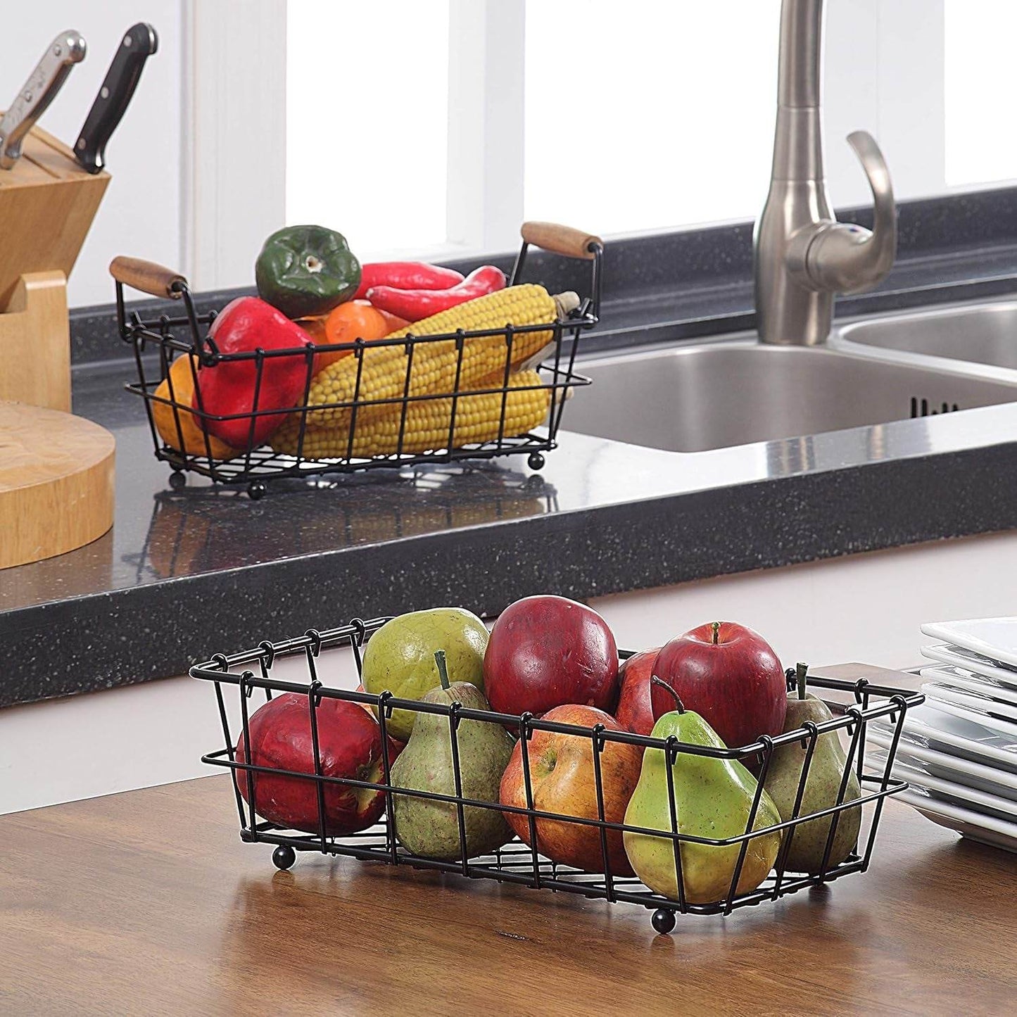 2-Tier Rectangle Countertop Fruit, Bread Wire Basket (Black, Metal)