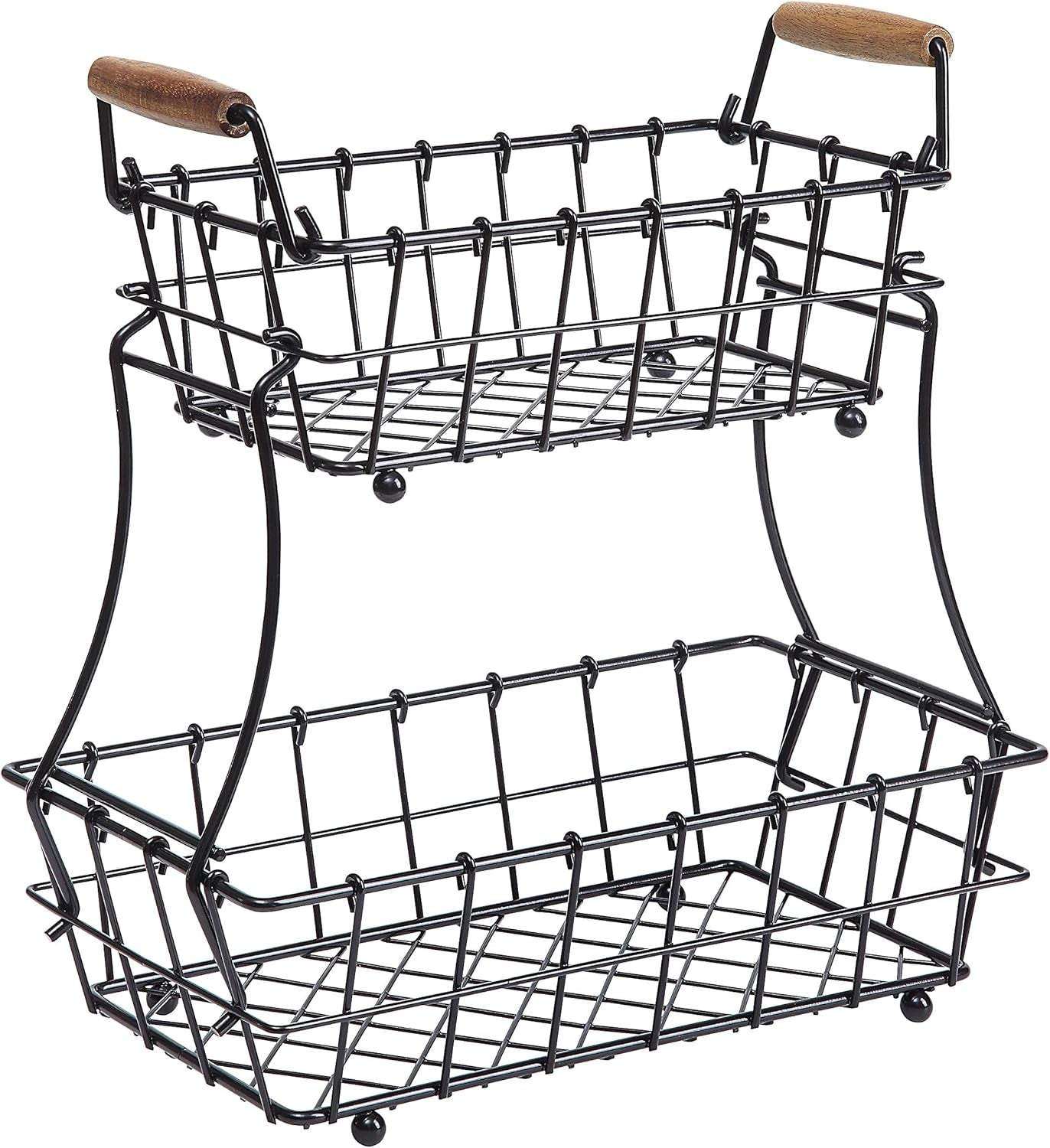 2-Tier Rectangle Countertop Fruit, Bread Wire Basket (Black, Metal)