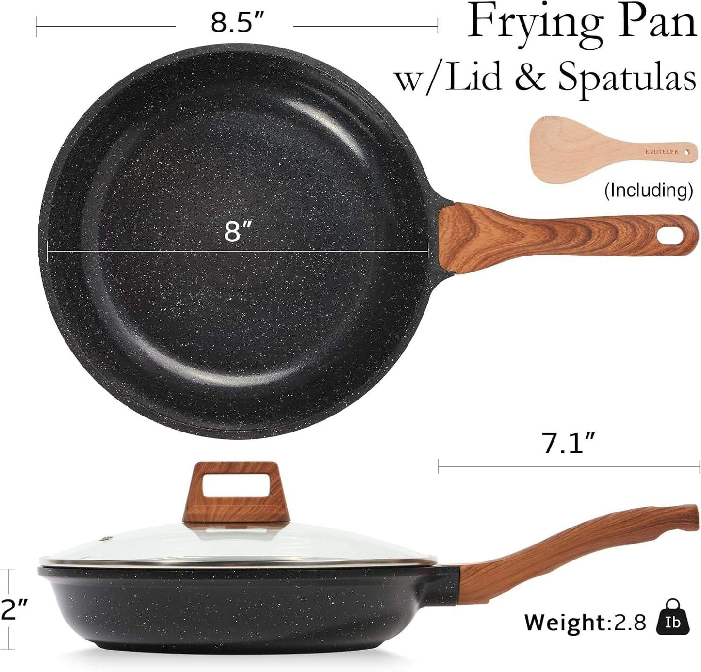 Nonstick Ceramic Frying Pan Skillet with Lid, Non-Toxic Egg Omelette Kitchen Cooking Pans Compatible with All Stovetops (Gas, Electric & Induction), PTFE & PFOA Free (Black, 8" W/Lid)