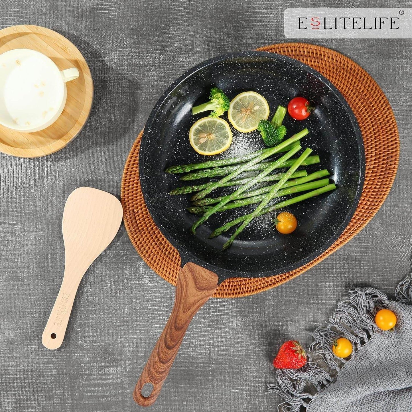 Nonstick Ceramic Frying Pan Skillet with Lid, Non-Toxic Egg Omelette Kitchen Cooking Pans Compatible with All Stovetops (Gas, Electric & Induction), PTFE & PFOA Free (Black, 8" W/Lid)