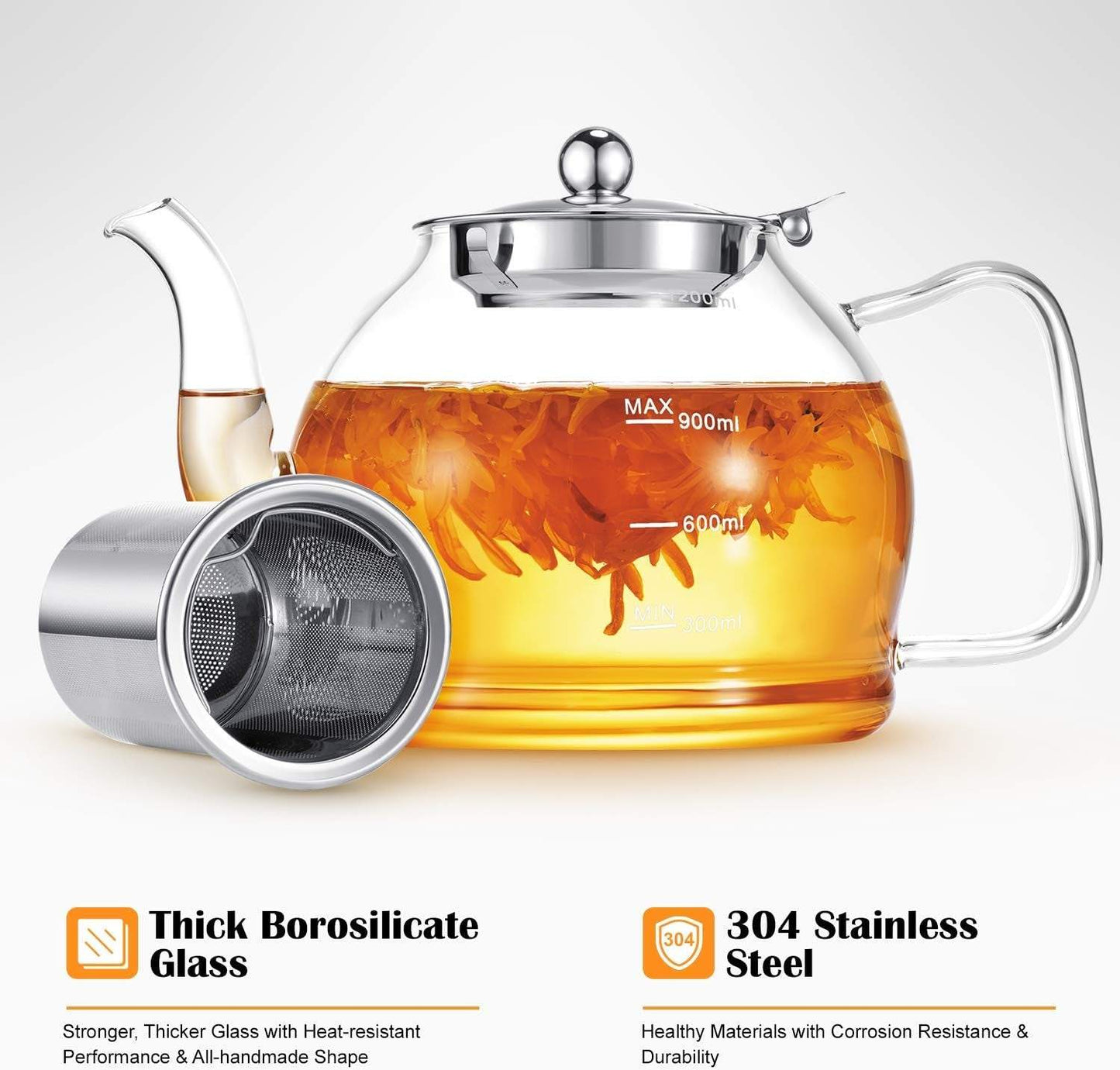 Glass Teapot with Infuser STNTUS 40oz & Strainer Stovetop Safe perfect