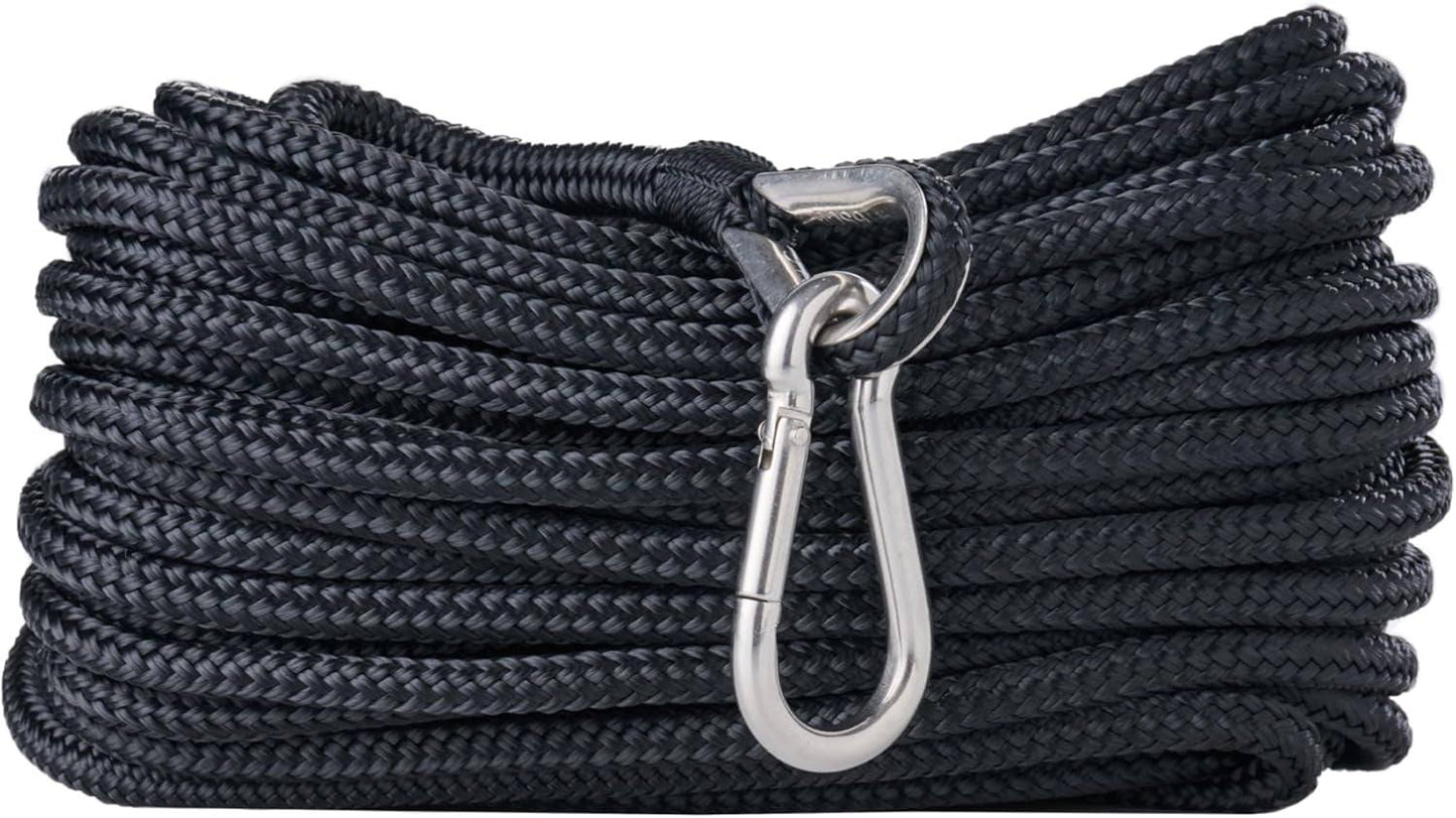 Rainiersupplyco Boat Anchor Rope - Double Braided Marine Rope Anchor Line - 50Ft Nylon Boating Line with 316 Stainless Steel Thimble and Heavy Duty Marine Grade Snap Hook