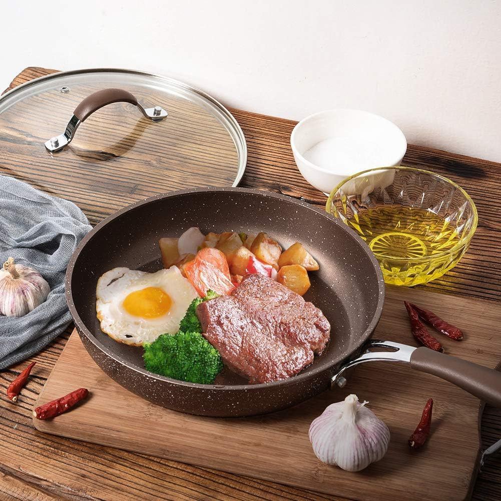 Nonstick Frying Pan with Lid, Best Nonstick Omelette Skillet, Stone Coating Cooking Pan, Dishwasher Safe, Induction Compatible (9.5Inch)