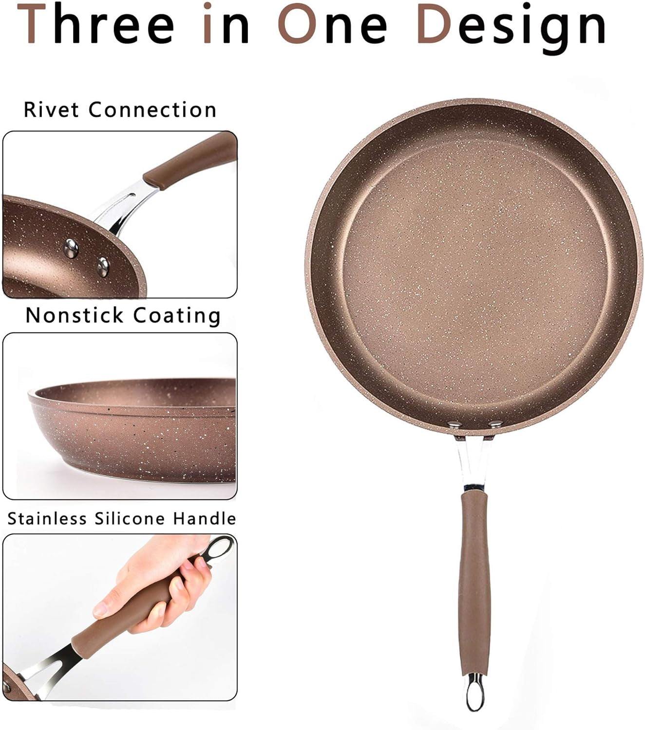 Nonstick Frying Pan with Lid, Best Nonstick Omelette Skillet, Stone Coating Cooking Pan, Dishwasher Safe, Induction Compatible (9.5Inch)