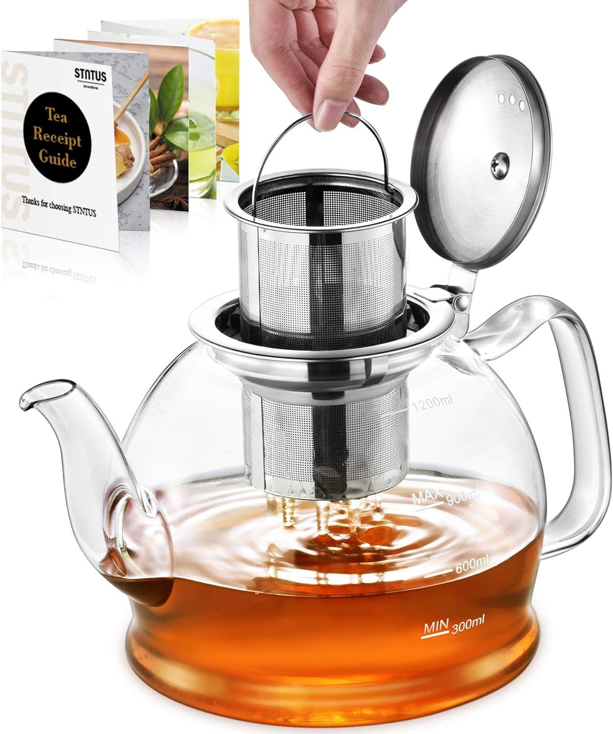 Glass Teapot with Infuser STNTUS 40oz & Strainer Stovetop Safe perfect