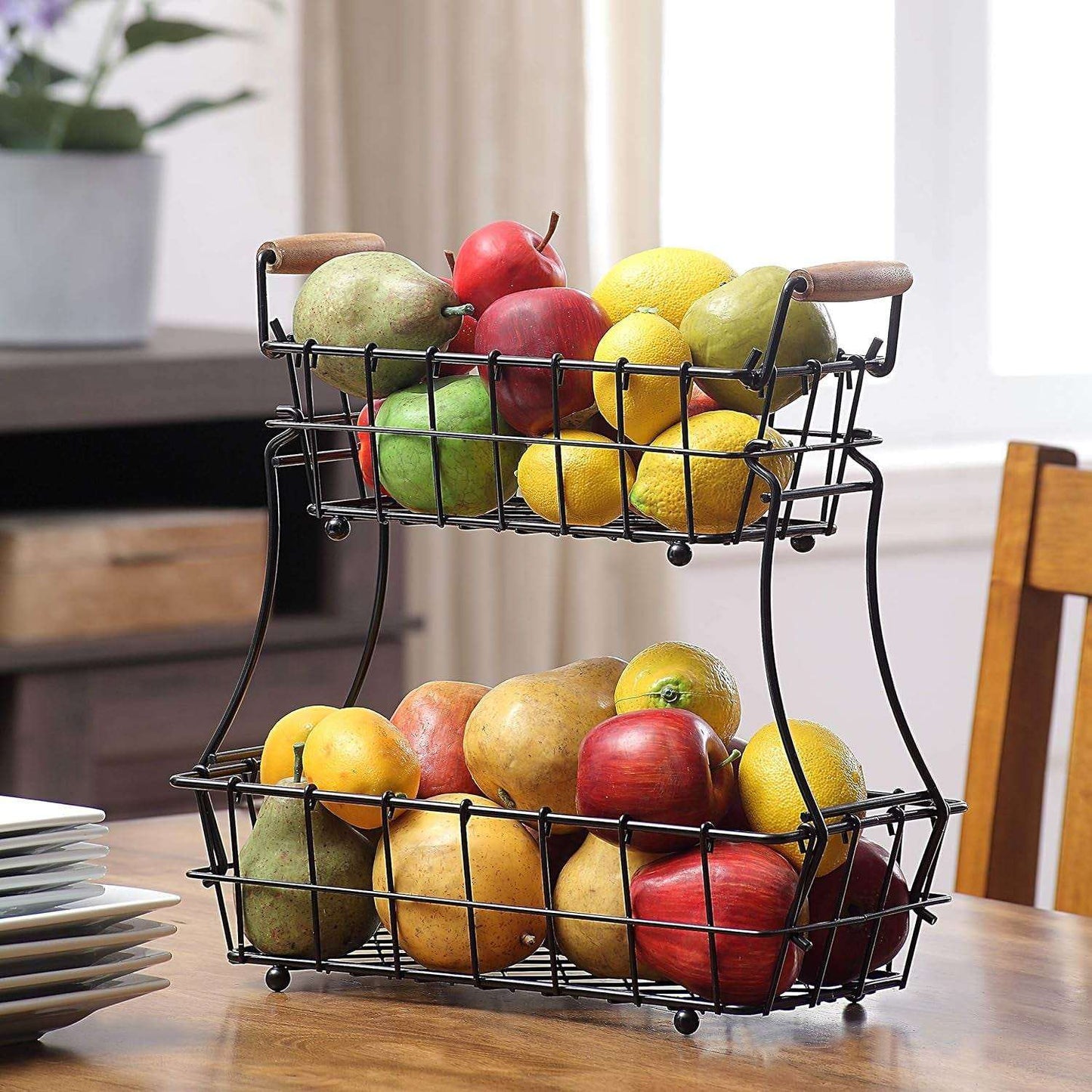 2-Tier Rectangle Countertop Fruit, Bread Wire Basket (Black, Metal)