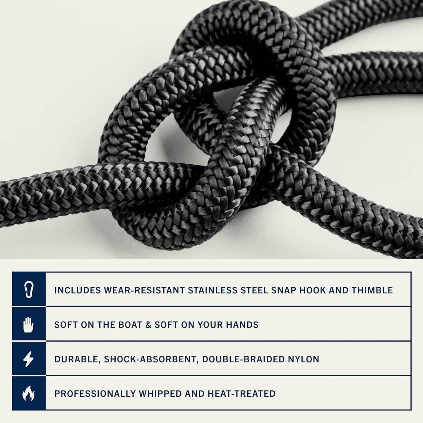 Rainiersupplyco Boat Anchor Rope - Double Braided Marine Rope Anchor Line - 50Ft Nylon Boating Line with 316 Stainless Steel Thimble and Heavy Duty Marine Grade Snap Hook