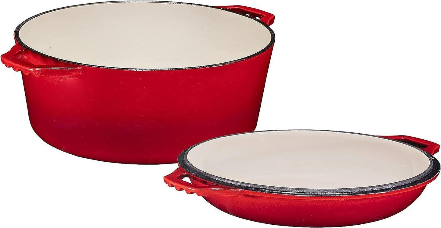 7 Quart Dutch Oven Pot with Lid - 2-In-1 Oval Cast Iron Enamel Cookware with Skillet Top - Enameled Dutch Oven for Bread, Baking, Stews, Roasting - Heat Resistant up to 500°F - Red Finish