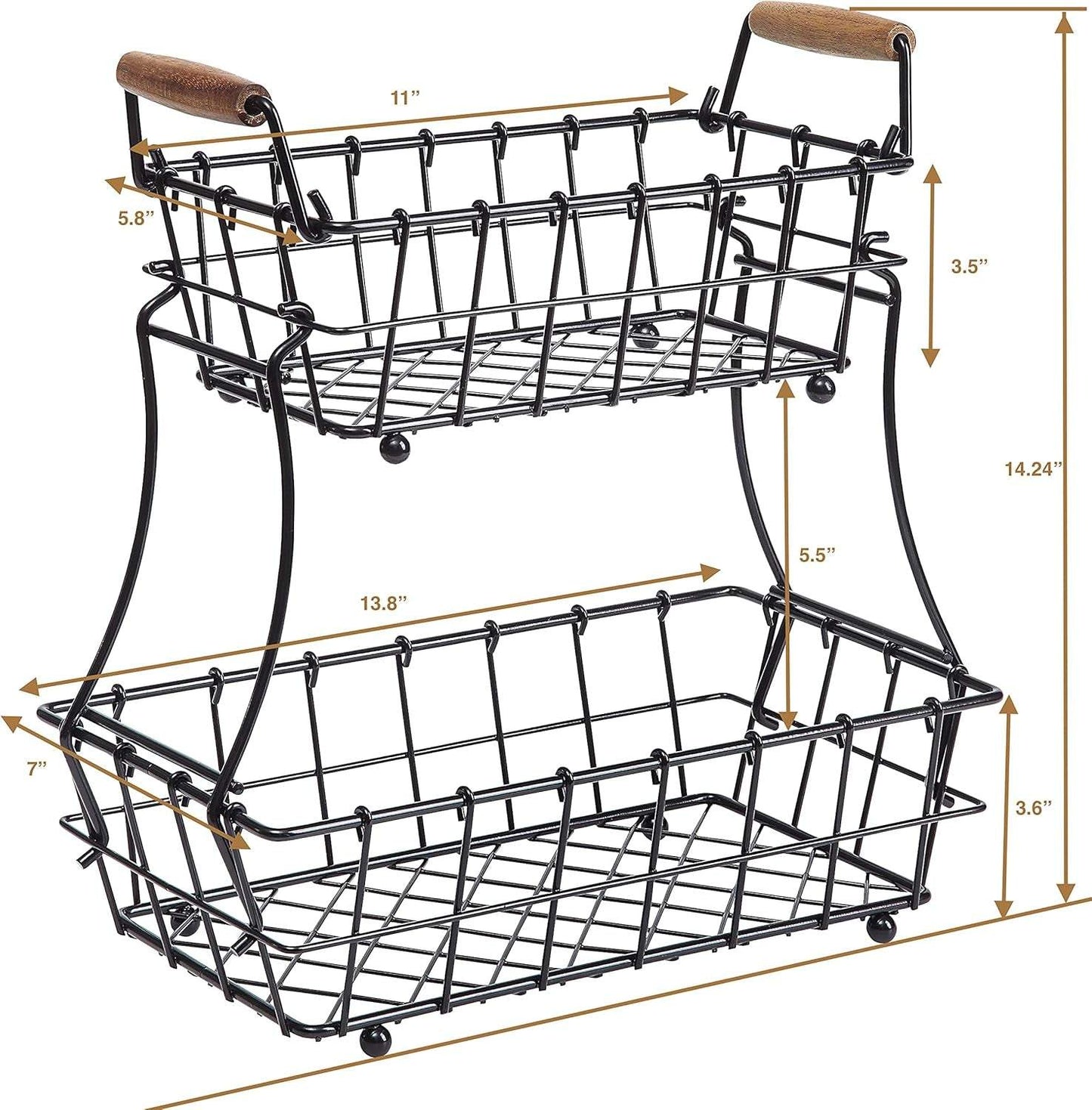 2-Tier Rectangle Countertop Fruit, Bread Wire Basket (Black, Metal)