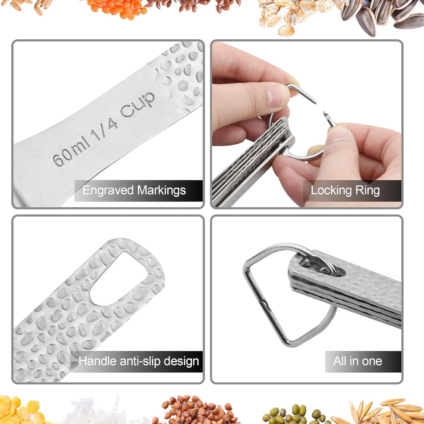 Measuring Cups 5Pcs Stainless Steel Measuring Cups Set 18/8 (304) Steel Material Heavy Duty Measurer Cups Color Silver (Siliver-5Cups+1Ring)