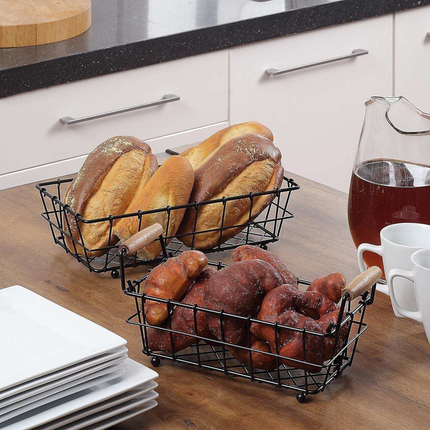 2-Tier Rectangle Countertop Fruit, Bread Wire Basket (Black, Metal)