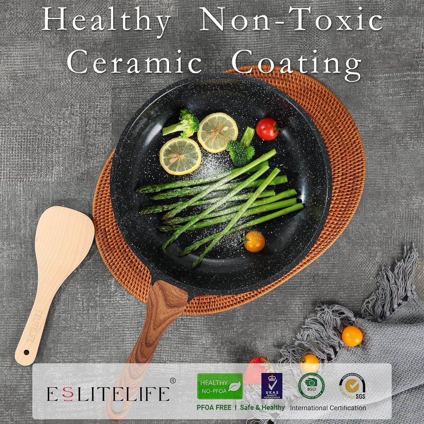 Nonstick Ceramic Frying Pan Skillet with Lid, Non-Toxic Egg Omelette Kitchen Cooking Pans Compatible with All Stovetops (Gas, Electric & Induction), PTFE & PFOA Free (Black, 8" W/Lid)