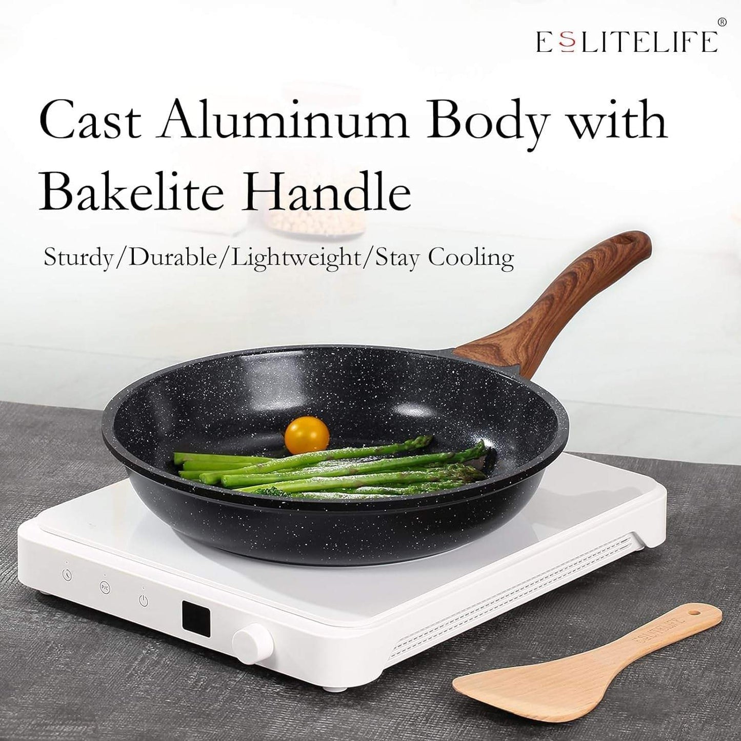 Nonstick Ceramic Frying Pan Skillet with Lid, Non-Toxic Egg Omelette Kitchen Cooking Pans Compatible with All Stovetops (Gas, Electric & Induction), PTFE & PFOA Free (Black, 8" W/Lid)