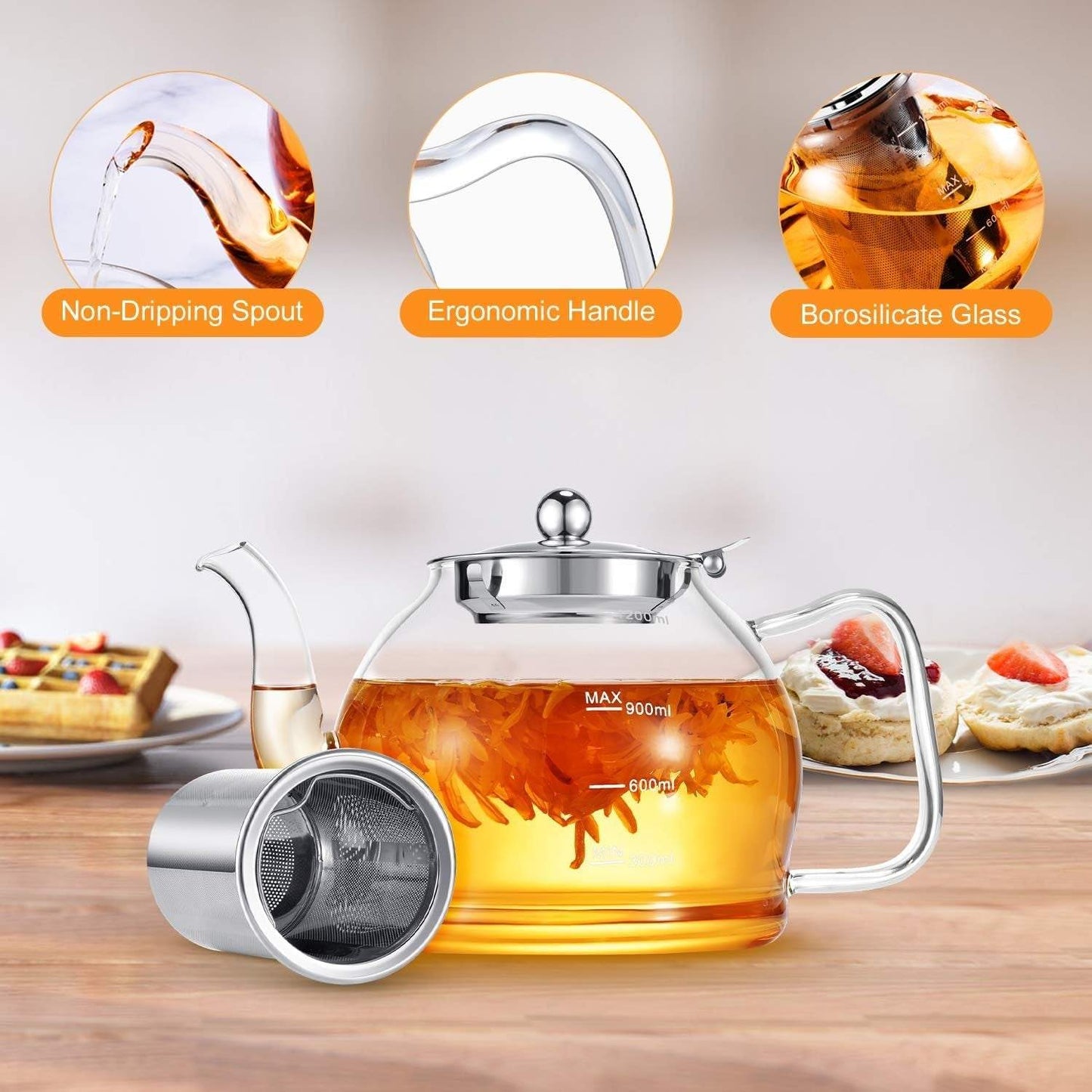 Glass Teapot with Infuser STNTUS 40oz & Strainer Stovetop Safe perfect