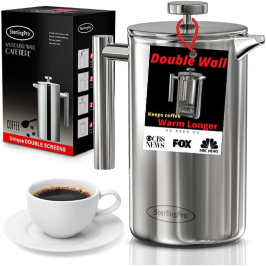 French Press Coffee Maker(1L)-Double Walled Large Coffee Press with 2 Extra Free Replacement Screens-Enjoy Granule-Free Coffee, Stylish Rust Free Kitchen Accessory-Stainless Steel