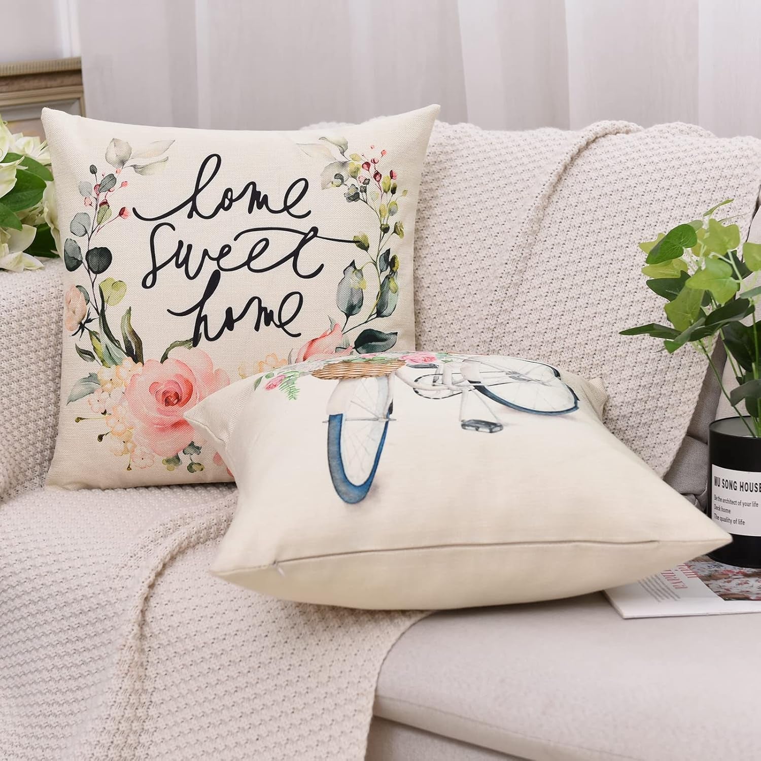 Set of 4 Decorative Spring Floret Throw Pillow Covers - Bicycle Car Flower Linen 18 X 18 Inches Pillow Cushion Case for Sofa Couch Bed Home Outdoor (18" X 18", Spring/Vintage)