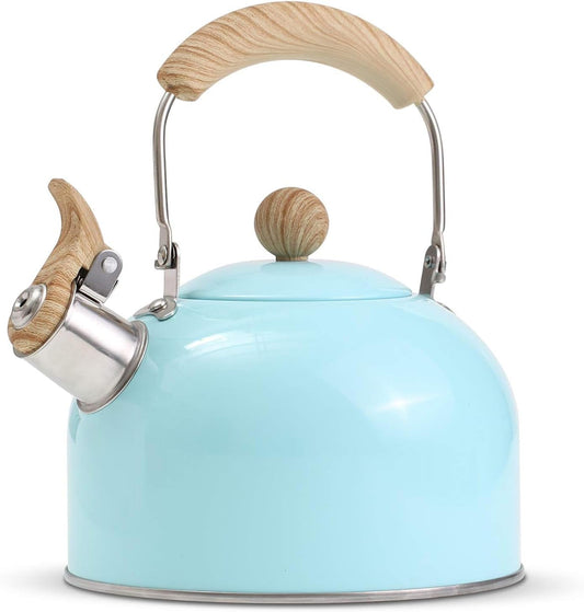 Tea Pot with Cool Touch Handle, Stainless Steel Stovetop Whistling Kettle, 2.5 Quart (Blue)