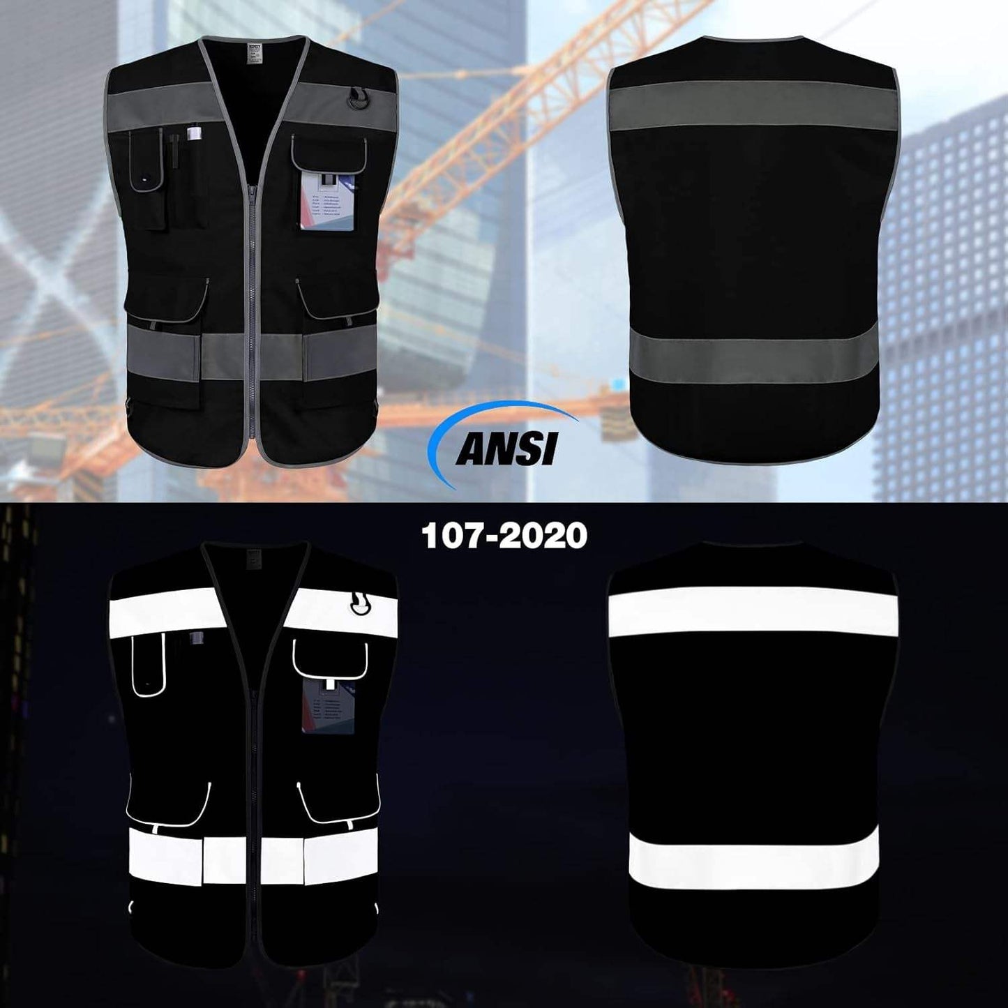 Reflective Safety Vest, 9 Pockets High Visibility Vest for Men Women, Hi Vis Reflective Work Vest for Safety, Meets ANSI/ISEA Standards, (Black, Xx-Large)