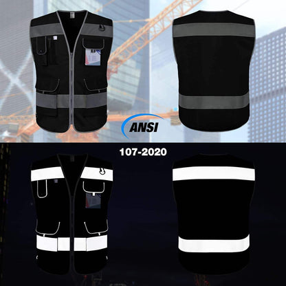 Reflective Safety Vest, 9 Pockets High Visibility Vest for Men Women, Hi Vis Reflective Work Vest for Safety, Meets ANSI/ISEA Standards, (Black, Xx-Large)