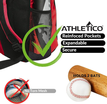 Youth Baseball Bag - Bat Backpack for Baseball, T-Ball & Softball Equipment & Gear | Holds Bat, Helmet, Glove | Fence Hook