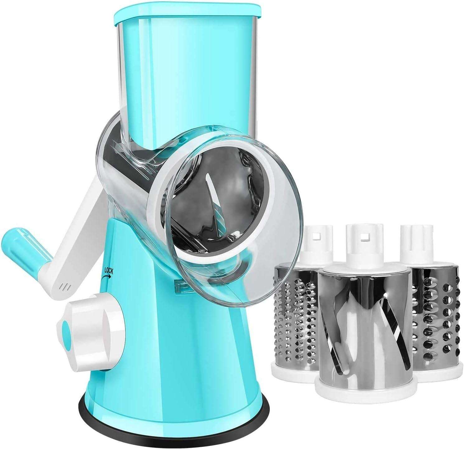 Graters for Kitchen,Cheese Grater Efficient Vegetable Slicer with 3 Interchangeable round Stainless Steel Blades,Easy to Clean Rotary Cheese Grater for Fruit,Vegetables,Nuts. (Blue)