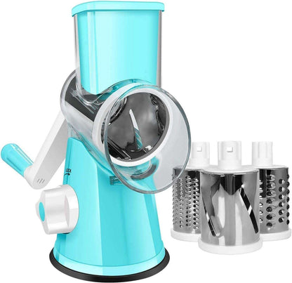 Graters for Kitchen,Cheese Grater Efficient Vegetable Slicer with 3 Interchangeable round Stainless Steel Blades,Easy to Clean Rotary Cheese Grater for Fruit,Vegetables,Nuts. (Blue)