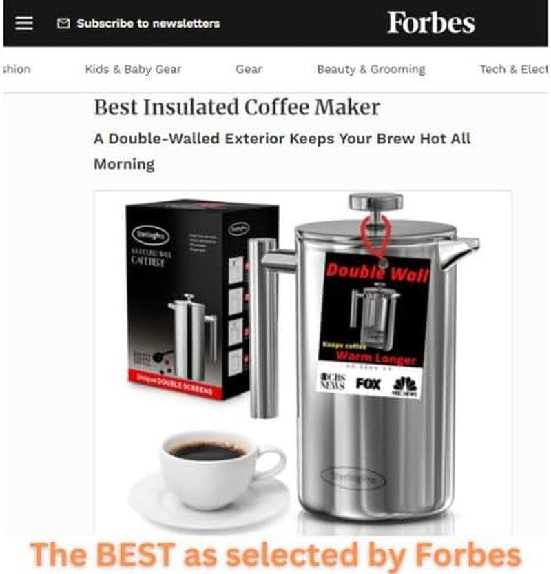 French Press Coffee Maker(1L)-Double Walled Large Coffee Press with 2 Extra Free Replacement Screens-Enjoy Granule-Free Coffee, Stylish Rust Free Kitchen Accessory-Stainless Steel