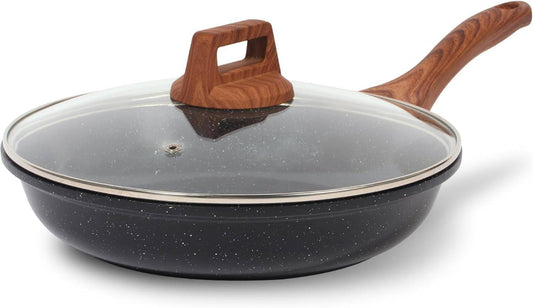 Nonstick Ceramic Frying Pan Skillet with Lid, Non-Toxic Egg Omelette Kitchen Cooking Pans Compatible with All Stovetops (Gas, Electric & Induction), PTFE & PFOA Free (Black, 8" W/Lid)