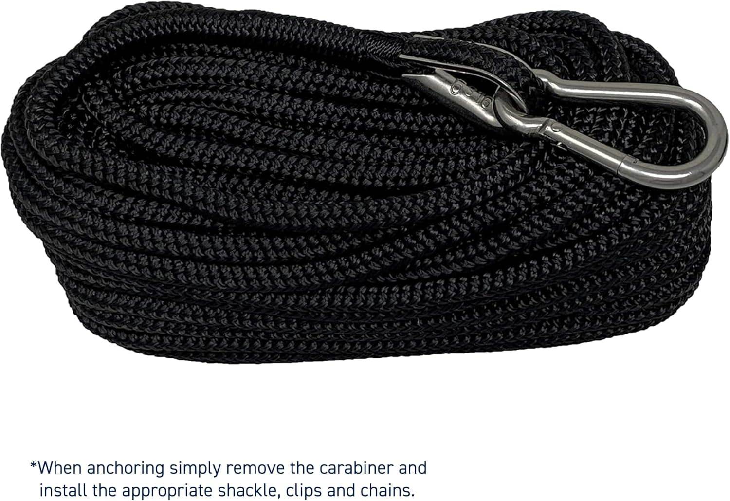 Rainiersupplyco Boat Anchor Rope - Double Braided Marine Rope Anchor Line - 50Ft Nylon Boating Line with 316 Stainless Steel Thimble and Heavy Duty Marine Grade Snap Hook