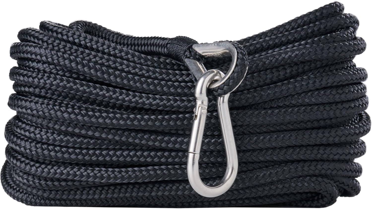 Rainiersupplyco Boat Anchor Rope - Double Braided Marine Rope Anchor Line - 50Ft Nylon Boating Line with 316 Stainless Steel Thimble and Heavy Duty Marine Grade Snap Hook