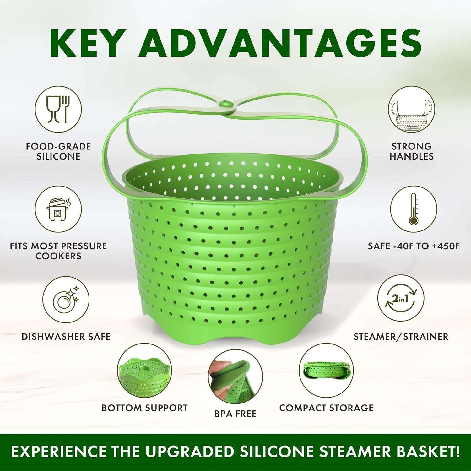 Silicone Steamer Basket for 8Qt Instant Pot [3Qt, 6Qt Avail], Ninja Foodi, Other Pressure Cookers - 100% Food Safe, Bpa-Free, Dishwasher Safe Collapsible Vegetable Steamer Basket & Strainer