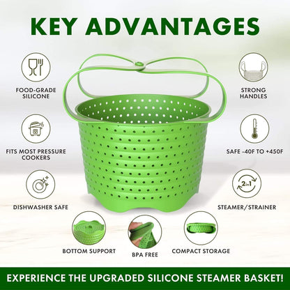 Silicone Steamer Basket for 8Qt Instant Pot [3Qt, 6Qt Avail], Ninja Foodi, Other Pressure Cookers - 100% Food Safe, Bpa-Free, Dishwasher Safe Collapsible Vegetable Steamer Basket & Strainer