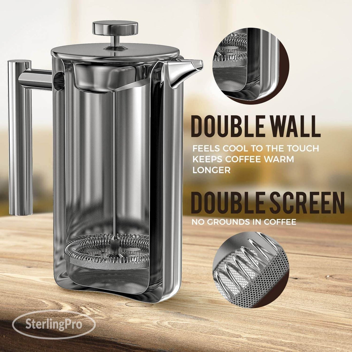 French Press Coffee Maker(1L)-Double Walled Large Coffee Press with 2 Extra Free Replacement Screens-Enjoy Granule-Free Coffee, Stylish Rust Free Kitchen Accessory-Stainless Steel