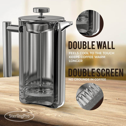 French Press Coffee Maker(1L)-Double Walled Large Coffee Press with 2 Extra Free Replacement Screens-Enjoy Granule-Free Coffee, Stylish Rust Free Kitchen Accessory-Stainless Steel