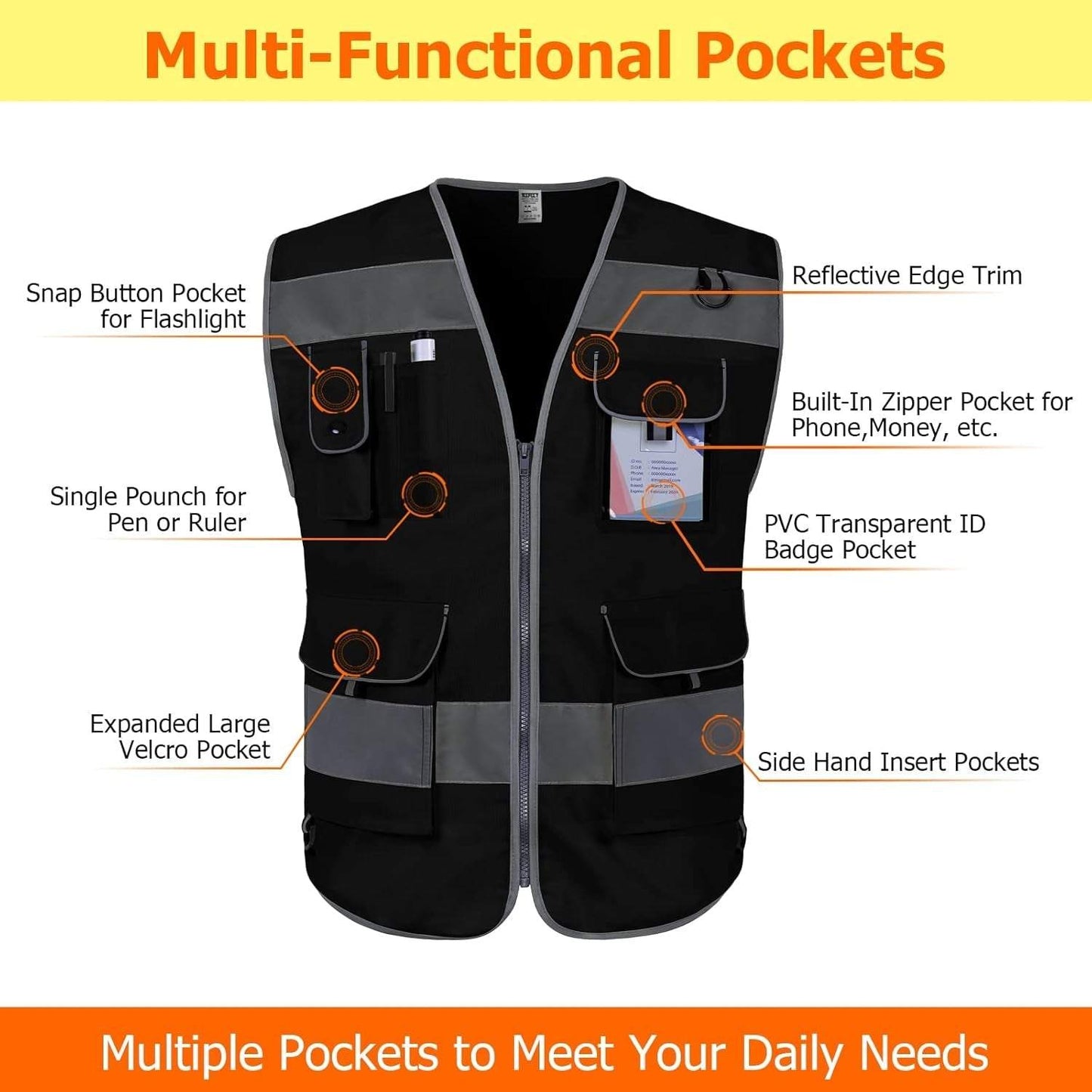 Reflective Safety Vest, 9 Pockets High Visibility Vest for Men Women, Hi Vis Reflective Work Vest for Safety, Meets ANSI/ISEA Standards, (Black, Xx-Large)