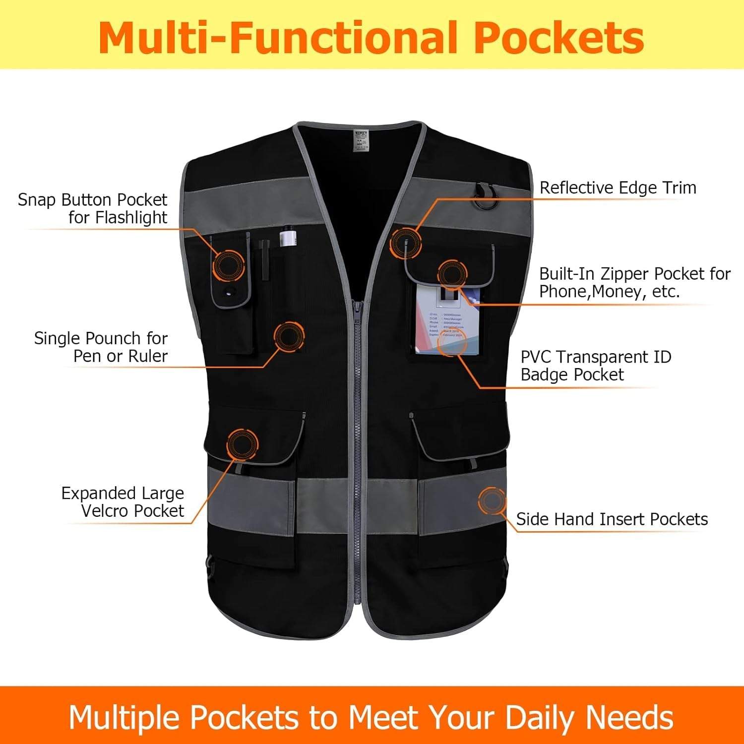 Reflective Safety Vest, 9 Pockets High Visibility Vest for Men Women, Hi Vis Reflective Work Vest for Safety, Meets ANSI/ISEA Standards, (Black, Xx-Large)
