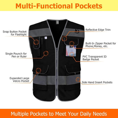 Reflective Safety Vest, 9 Pockets High Visibility Vest for Men Women, Hi Vis Reflective Work Vest for Safety, Meets ANSI/ISEA Standards, (Black, Xx-Large)