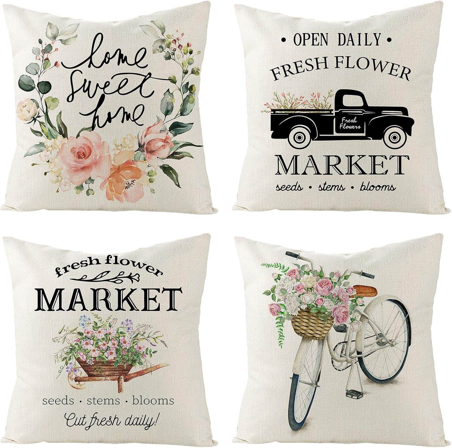 Set of 4 Decorative Spring Floret Throw Pillow Covers - Bicycle Car Flower Linen 18 X 18 Inches Pillow Cushion Case for Sofa Couch Bed Home Outdoor (18" X 18", Spring/Vintage)