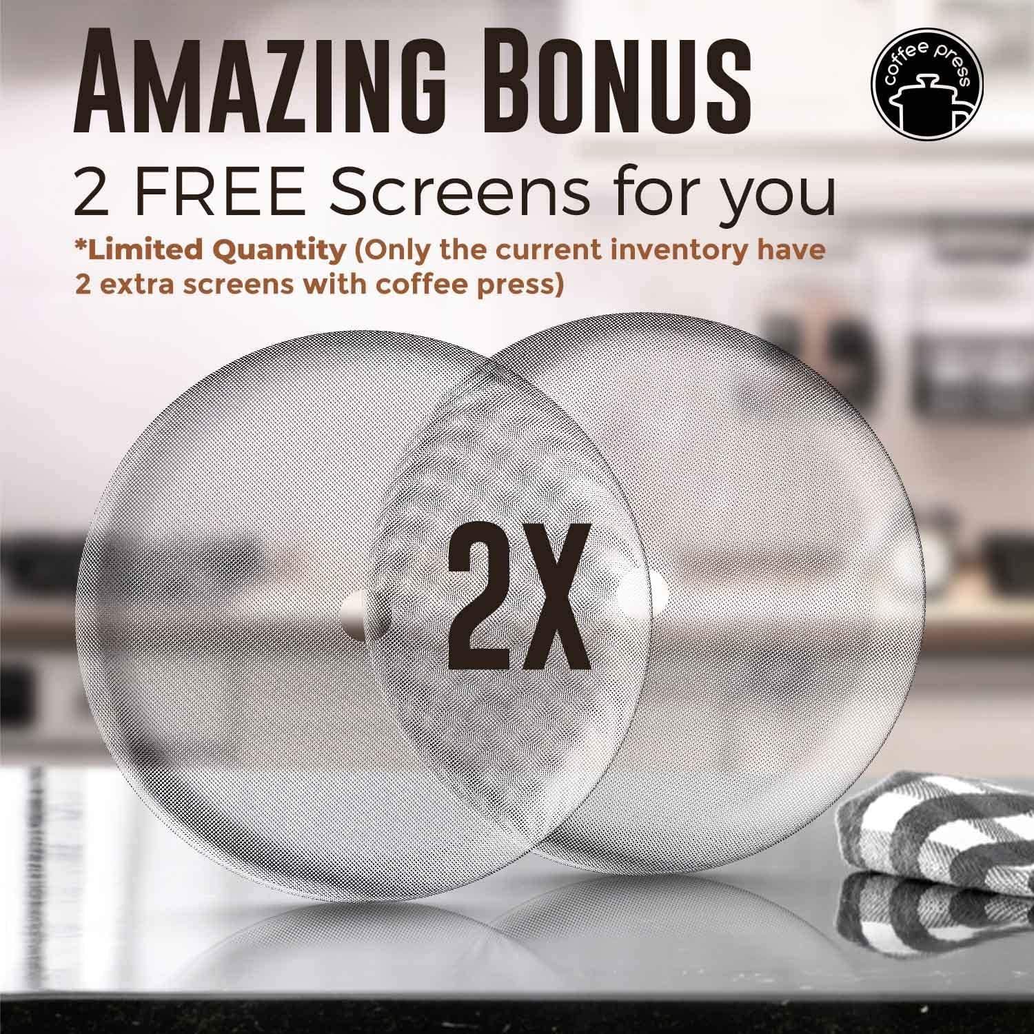 French Press Coffee Maker(1L)-Double Walled Large Coffee Press with 2 Extra Free Replacement Screens-Enjoy Granule-Free Coffee, Stylish Rust Free Kitchen Accessory-Stainless Steel