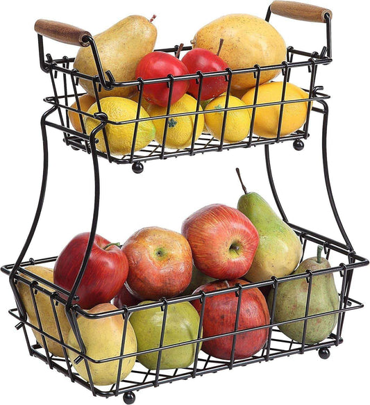 2-Tier Rectangle Countertop Fruit, Bread Wire Basket (Black, Metal)