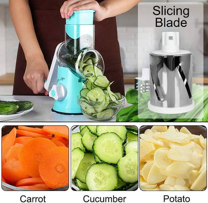 Graters for Kitchen,Cheese Grater Efficient Vegetable Slicer with 3 Interchangeable round Stainless Steel Blades,Easy to Clean Rotary Cheese Grater for Fruit,Vegetables,Nuts. (Blue)