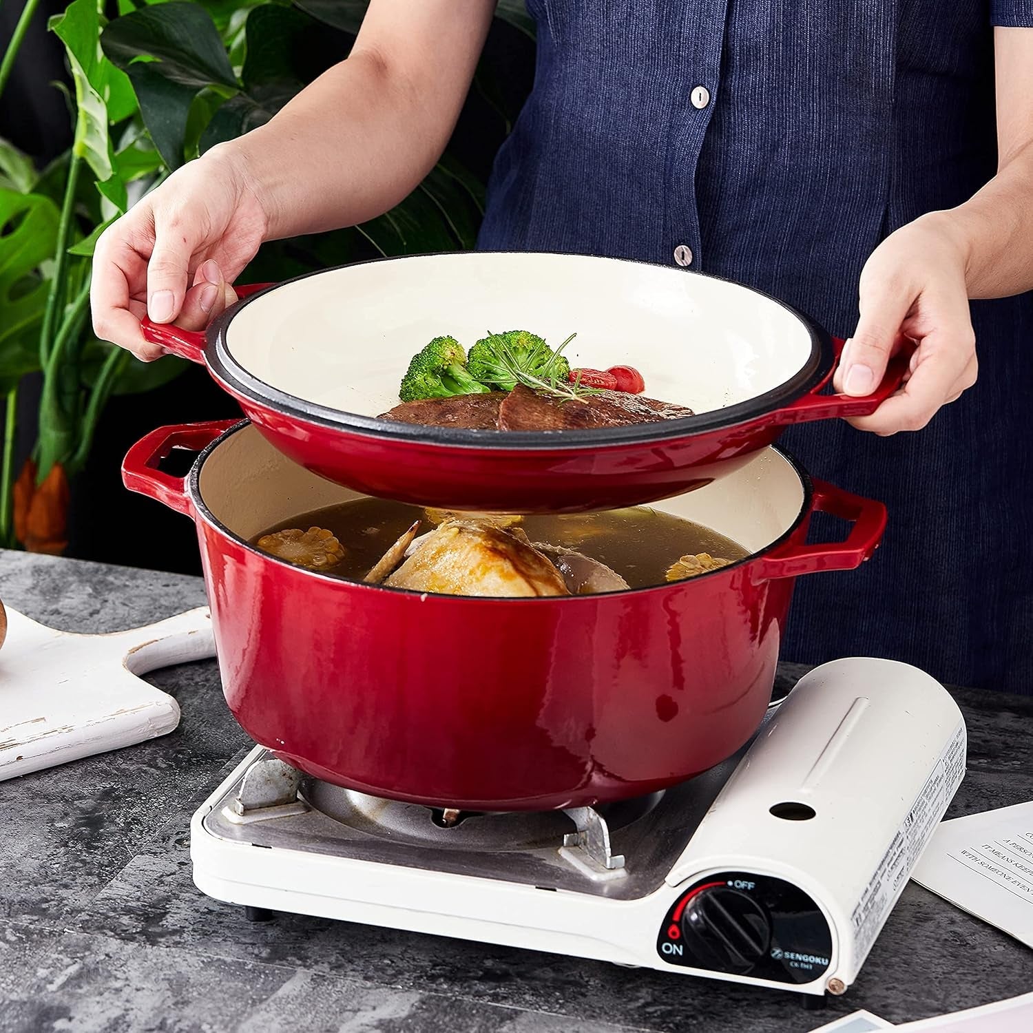 7 Quart Dutch Oven Pot with Lid - 2-In-1 Oval Cast Iron Enamel Cookware with Skillet Top - Enameled Dutch Oven for Bread, Baking, Stews, Roasting - Heat Resistant up to 500°F - Red Finish