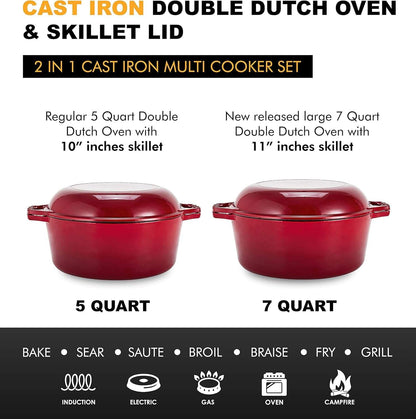 7 Quart Dutch Oven Pot with Lid - 2-In-1 Oval Cast Iron Enamel Cookware with Skillet Top - Enameled Dutch Oven for Bread, Baking, Stews, Roasting - Heat Resistant up to 500°F - Red Finish