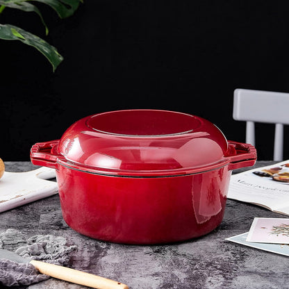 7 Quart Dutch Oven Pot with Lid - 2-In-1 Oval Cast Iron Enamel Cookware with Skillet Top - Enameled Dutch Oven for Bread, Baking, Stews, Roasting - Heat Resistant up to 500°F - Red Finish