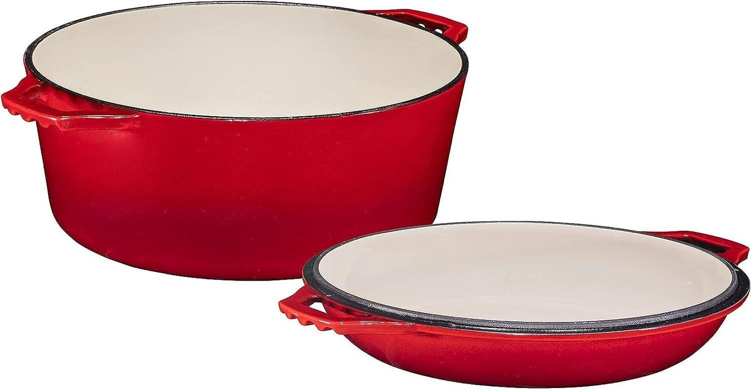 7 Quart Dutch Oven Pot with Lid - 2-In-1 Oval Cast Iron Enamel Cookware with Skillet Top - Enameled Dutch Oven for Bread, Baking, Stews, Roasting - Heat Resistant up to 500°F - Red Finish