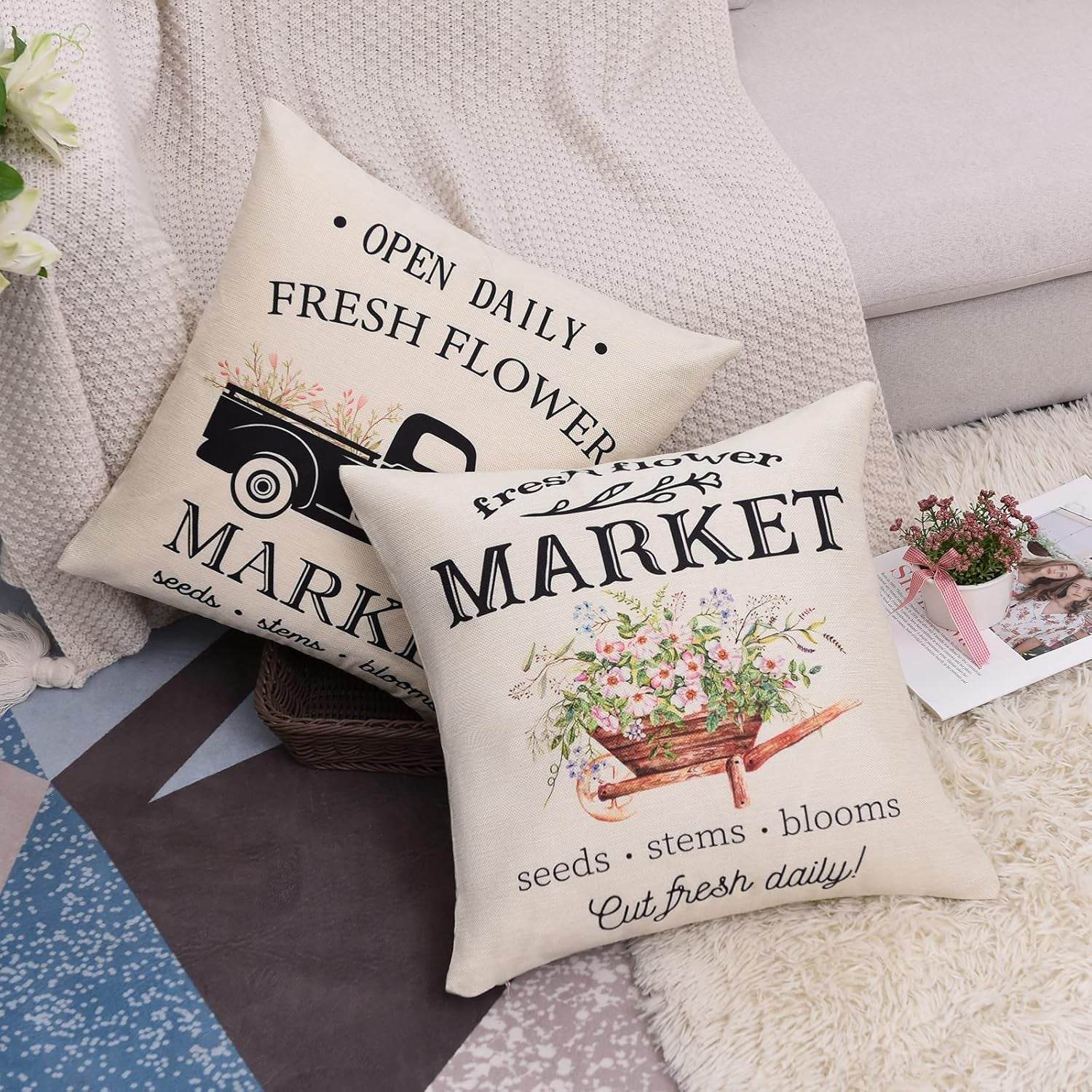 Set of 4 Decorative Spring Floret Throw Pillow Covers - Bicycle Car Flower Linen 18 X 18 Inches Pillow Cushion Case for Sofa Couch Bed Home Outdoor (18" X 18", Spring/Vintage)