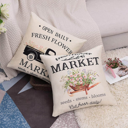 Set of 4 Decorative Spring Floret Throw Pillow Covers - Bicycle Car Flower Linen 18 X 18 Inches Pillow Cushion Case for Sofa Couch Bed Home Outdoor (18" X 18", Spring/Vintage)